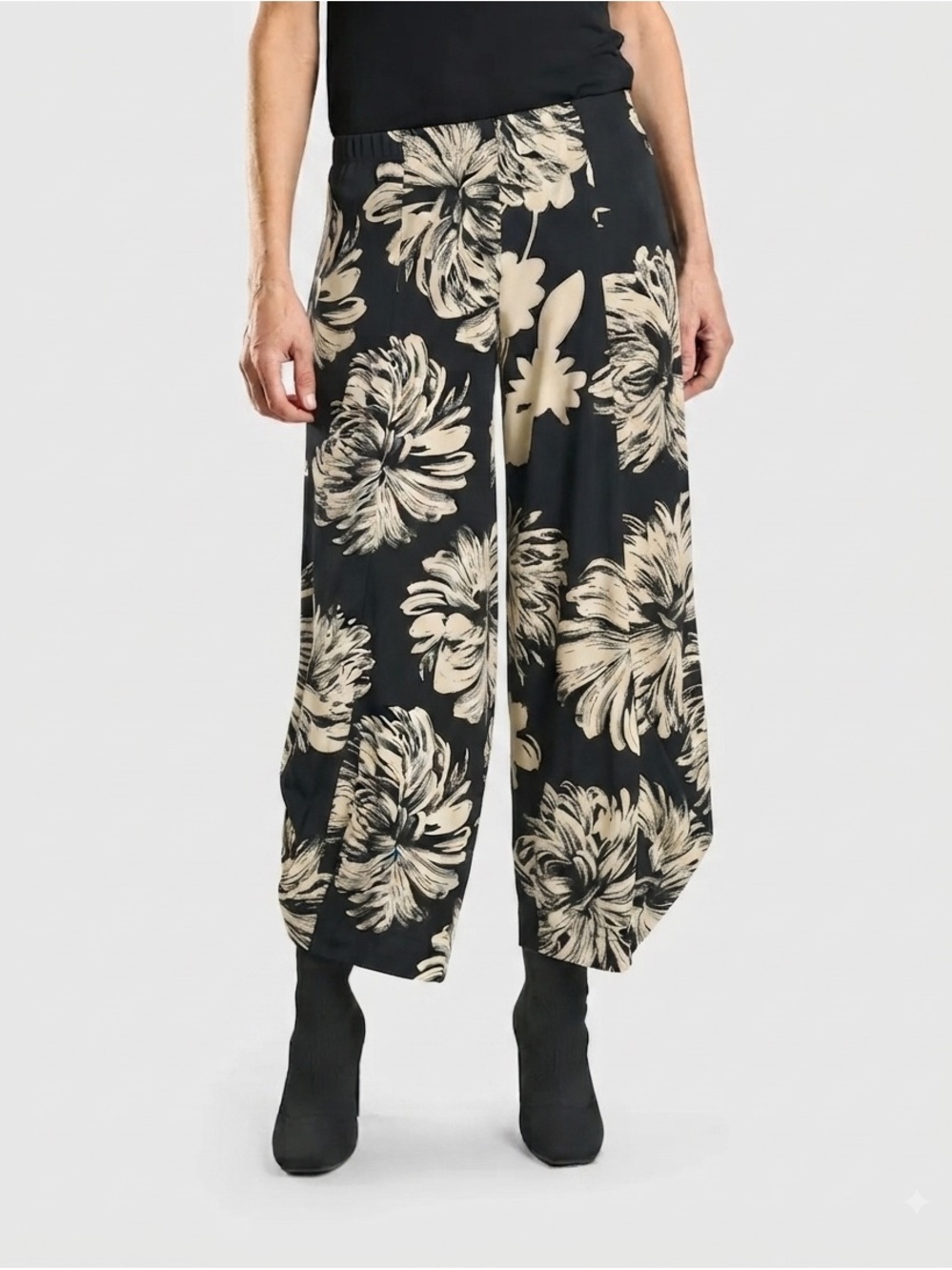 Black Wide-Leg Floral Palazzo Pants - Women's